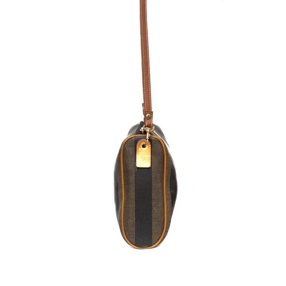 Fendi Vintage Pequin Stripe Coated Canvas Crossbody Shoulder‎ Bag Brown Tan